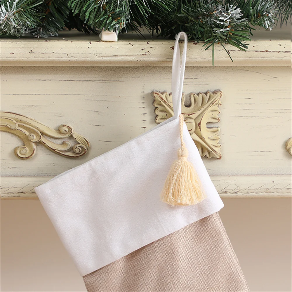 Christmas Stocking Linen Tassel Decoration Hanging Stocking for Vinyl Sublimation For Family Holiday