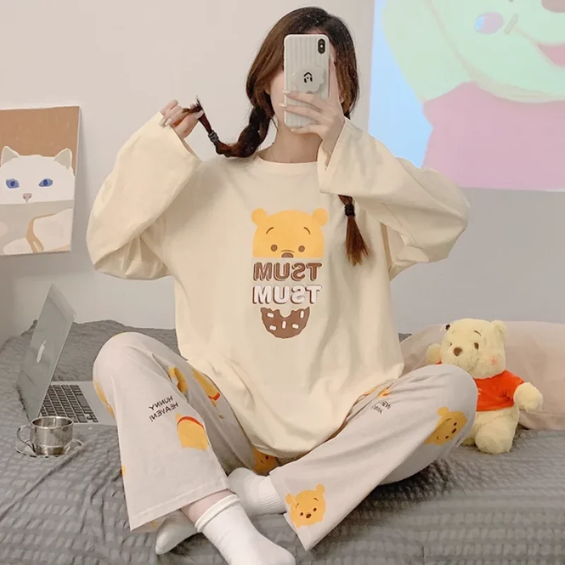 Cartoon Disney Winnie the Pooh Pajamas Women\'s Autumn Cotton Long Sleeve Crew Neck Casual Two-piece Loungewear Women\'s Pajamas