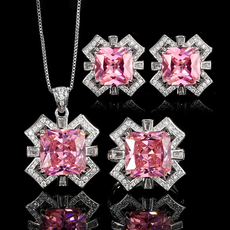

Luxury Pink Square Zircon Jewelry Adjustable Ring Necklace Earrings Geometric Design for Women Sparkling Crystal Party Jewelry