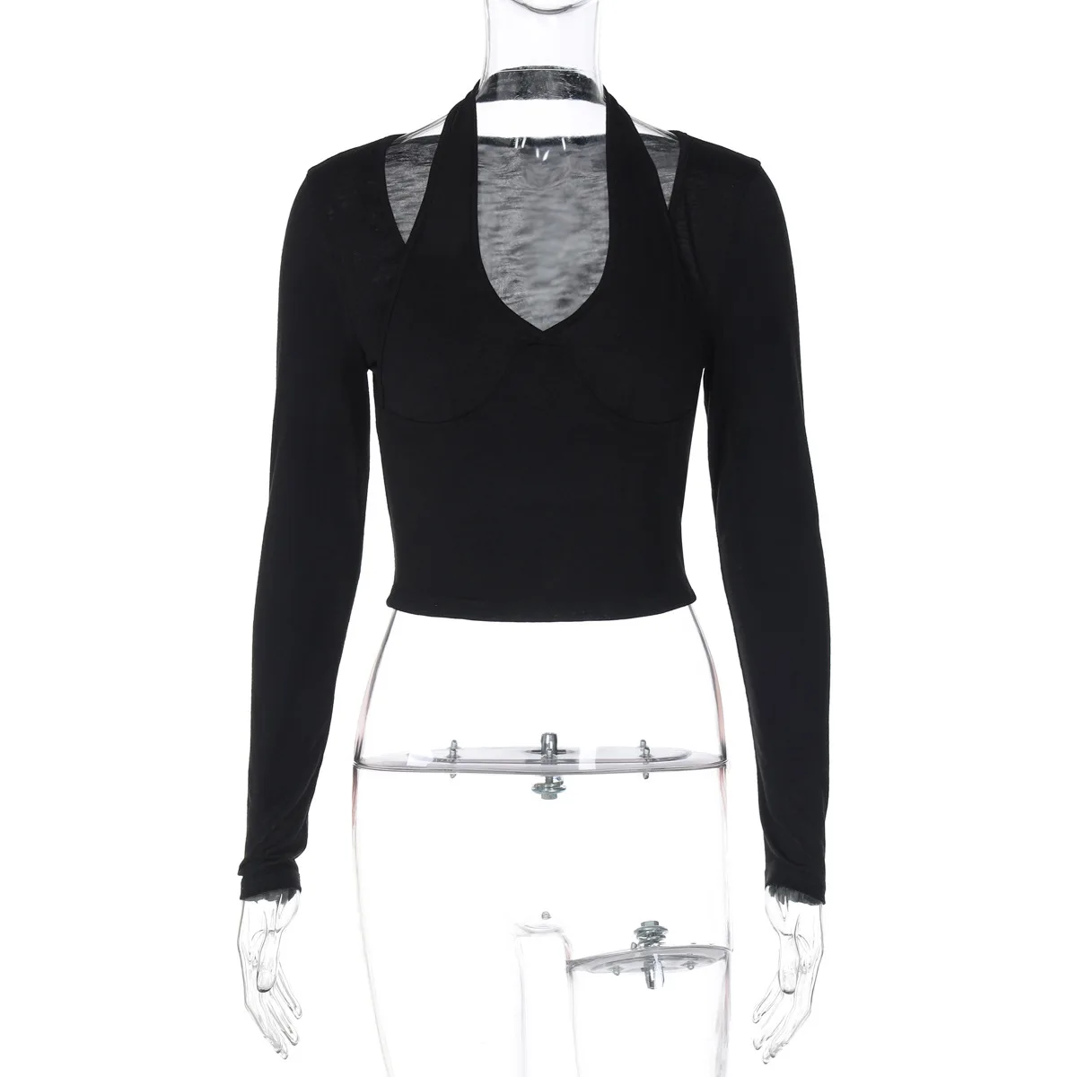 

Solid color fake two-piece waist cinching versatile fashion T-shirt for women's Y2K suspender long sleeved shirt