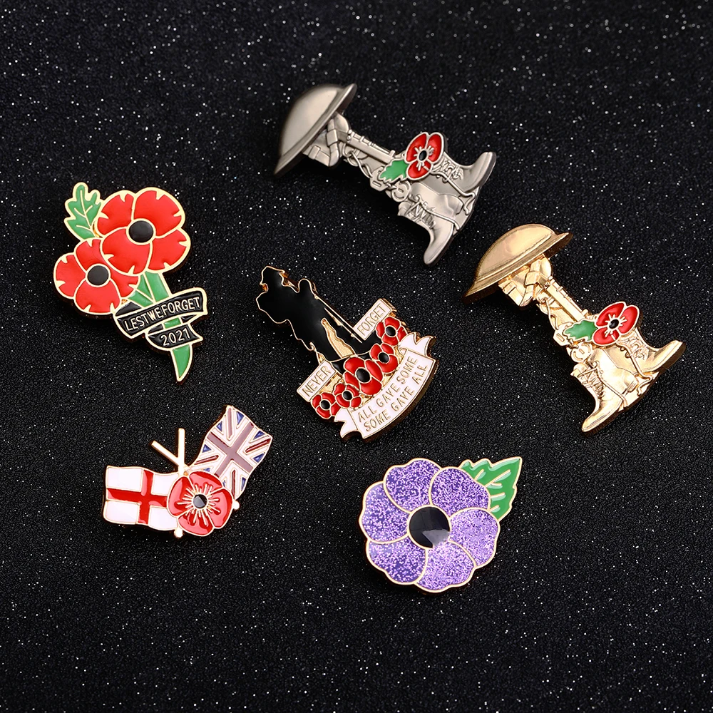 الكلاسيكية 7 أنماط تذكار يوم المينا دبابيس قائمة ننسى زهرة الخشخاش الذهبي دبابيس الجندي على شكل شارة #2