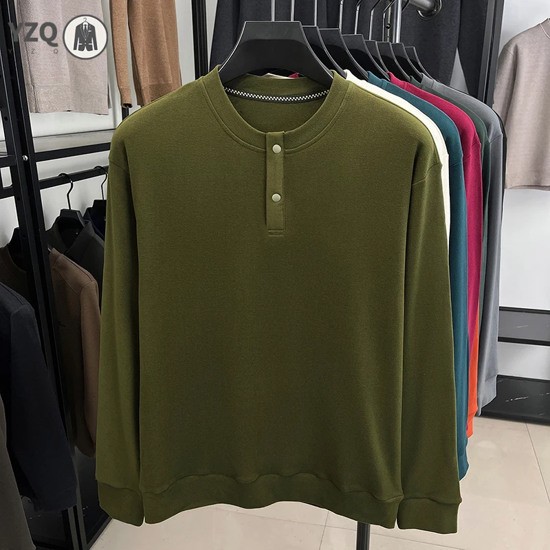 Warm Brushed Knit Henley Long Sleeve Top For Males Crew Neck Half Button Loose Cut Street Style Apparel - view 3