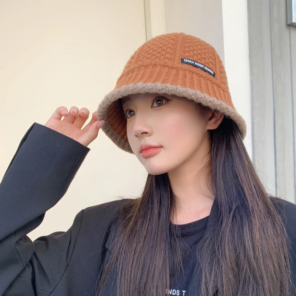 Polyester Fiber Knitted Bucket Hat Windproof Warm Wool Basin Cap Korean Style Solid Color Women Fisherman Hat Shopping Travel