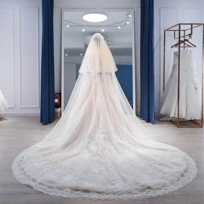 

5m 4m Long Wedding Bridal Veils Lace Appiques Edge 2 T Tulle Cathedral Veil with Comb Ivory Luxury Velo de Novia Voile mariee