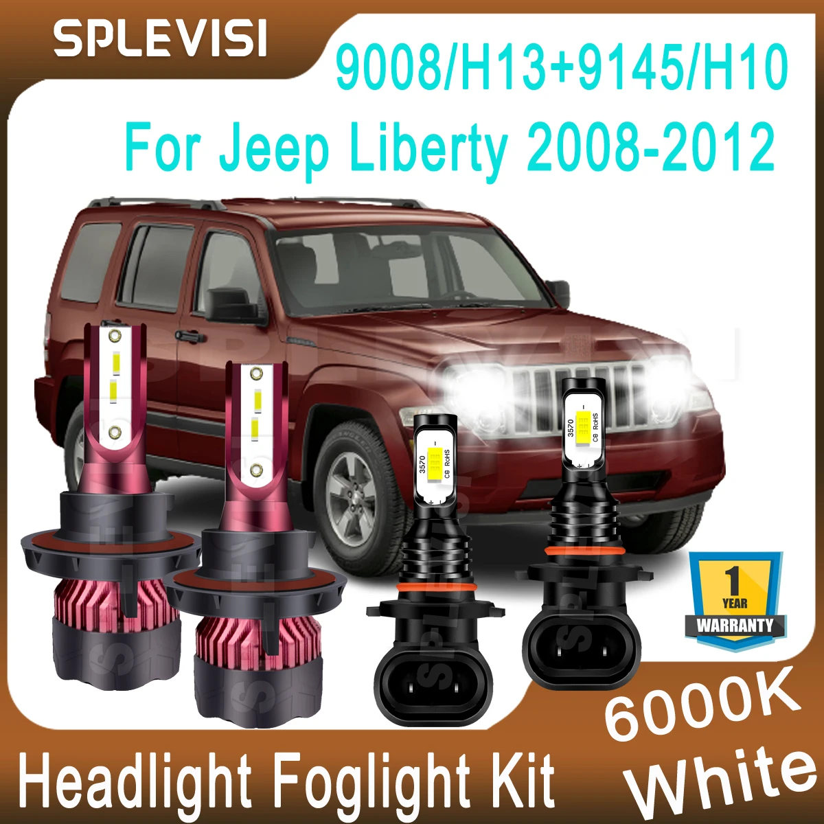 360° Luminescence 6000K White For Jeep Liberty 2008 2009 2010 2011 2012 LED Headlight High Low Beam 9008/H13 Foglight 9145/H10