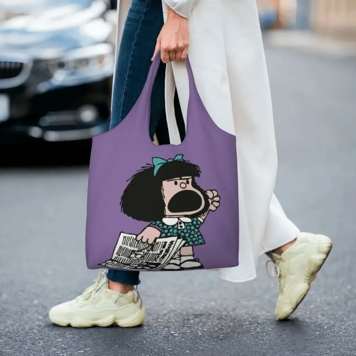 Personalizado mafalda protesto saco de compras de mercearia impressão lona shopper ombro sacola grande capacidade durável dos desenhos animados sacos bolsa