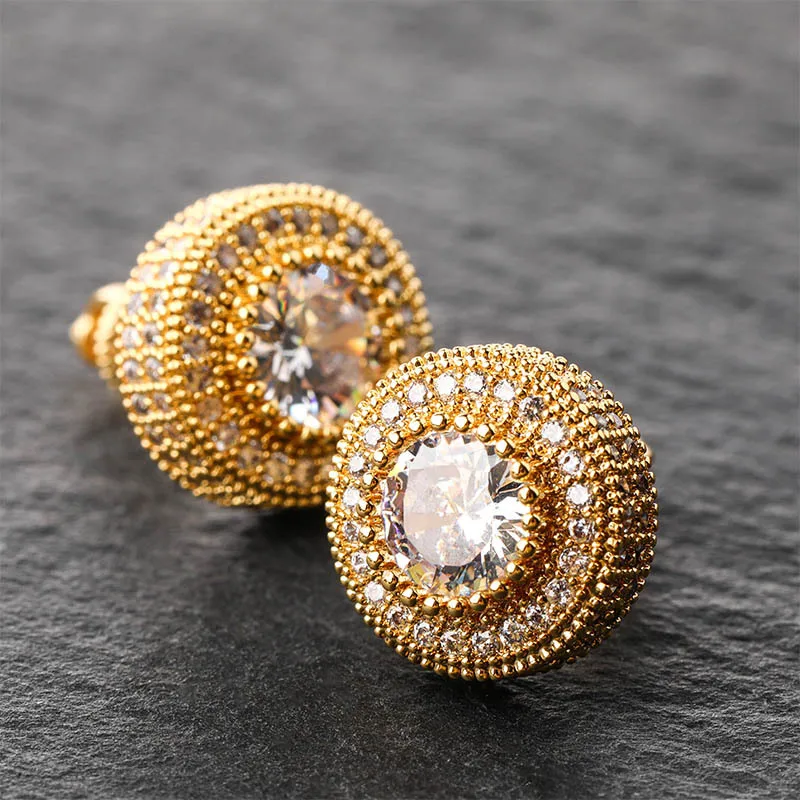 

Hip Hop Iced Out Bling Stud Earrings For Men Women Luxury Golden Micro Pave Cubic Zircon Round Stud Earring Gifts