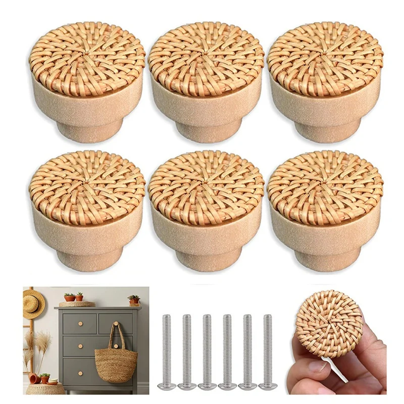 8PCS Rattan Rattan Woven Round Wooden Handle Handle Cabinet Door Rattan Woven Wooden Handle Single Hole Log Color Handle-AT81