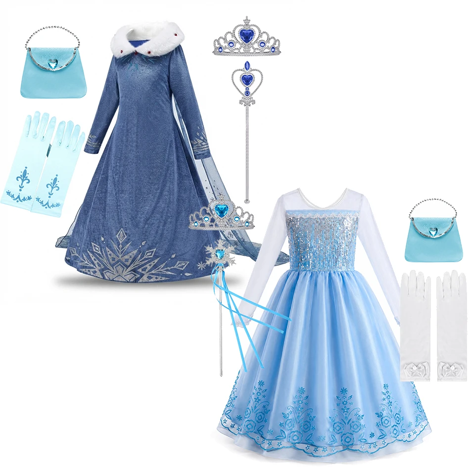 Girls Snow Princess Dress Set Kids Ice Queen Cosplay Costume Birthday Party Outfit World Book Day Fancy Accessories Wand Gloves