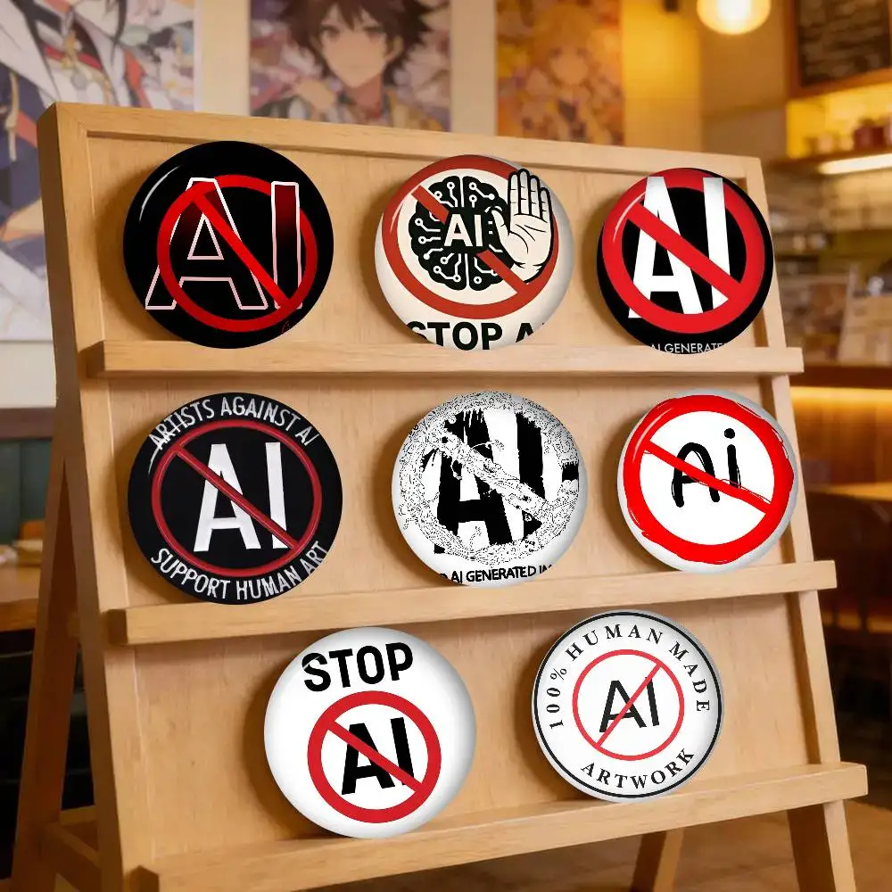 No AI. Artists Against AI Enamel  Anime Button Pin Handmade Brooch Clothes Cartoon Badge Backpack Decoration Jewelry Accessories