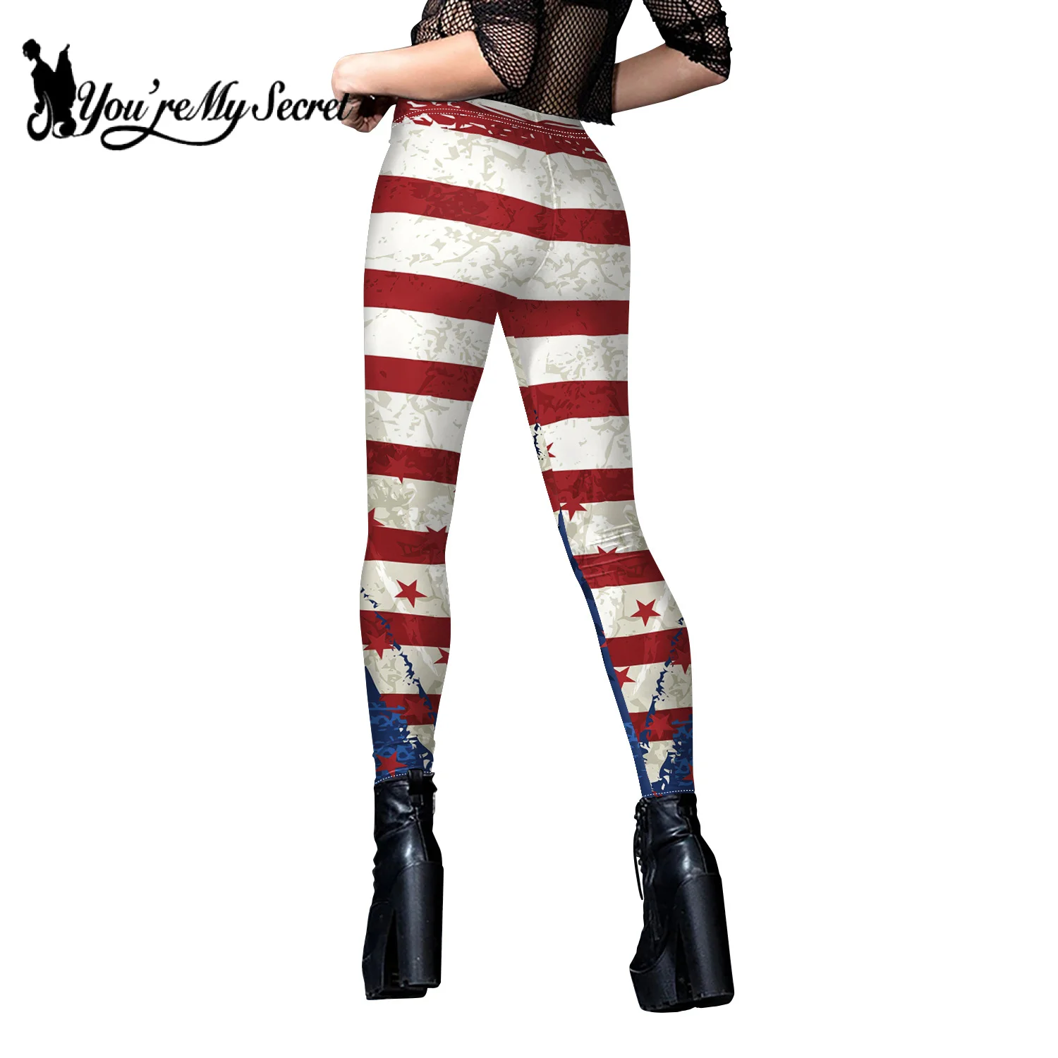 [You're My Secret] Women American Flag Stripe Star Print Leggings High Waist Push Up Workout Tights Sexy Pants Elastic Female