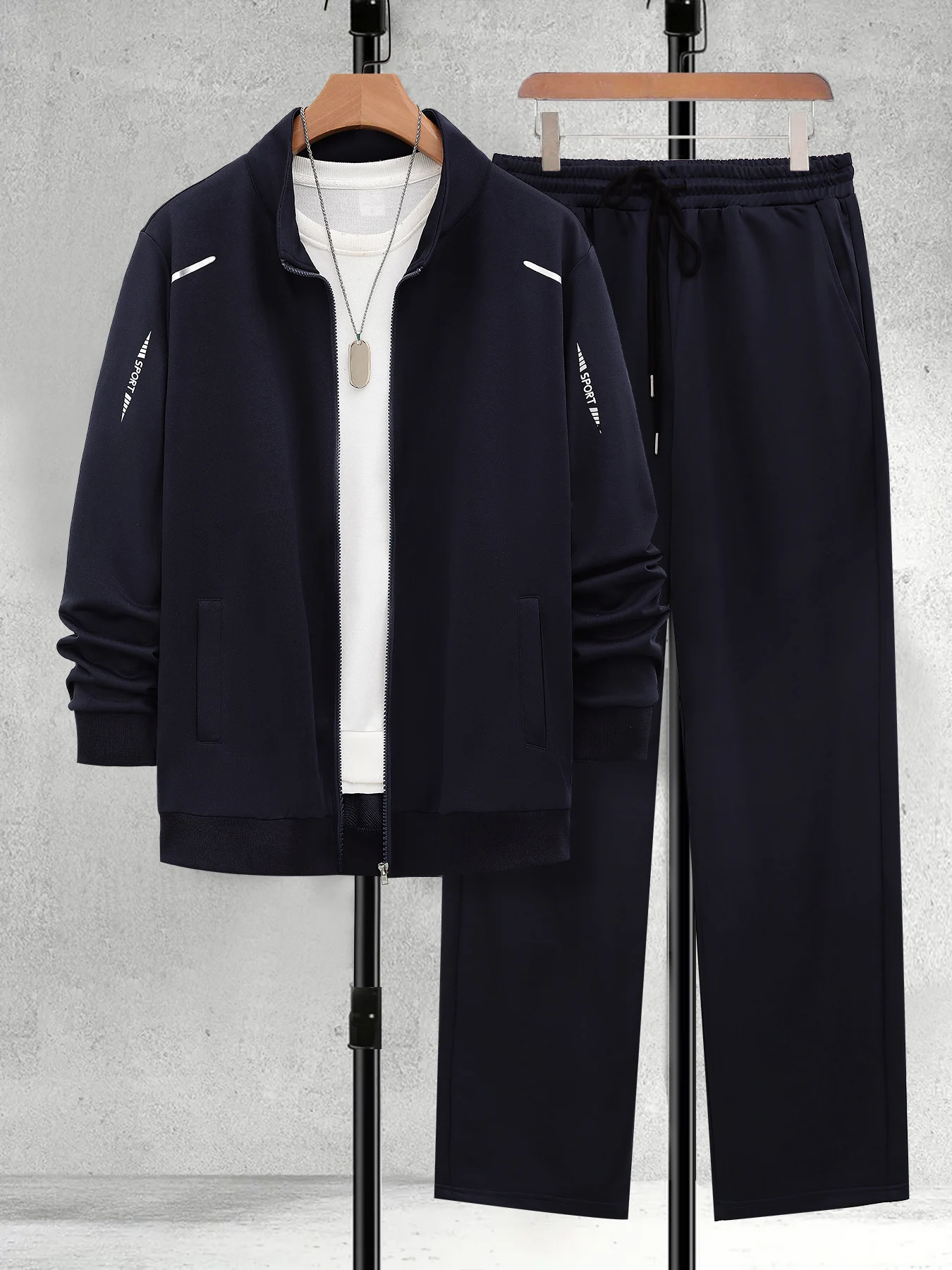 

Men's Casual Sportswear Set, Reflective Stripe Stand Collar Jacket & Elastic Waist Pants