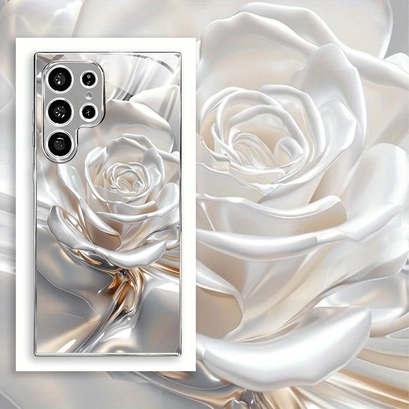 White petal metallic paint glass phone case suitable for Samsung Galaxy S26 S25 S24 S23 S22 S21 S20 FE/Ultra/Plus shockproof
