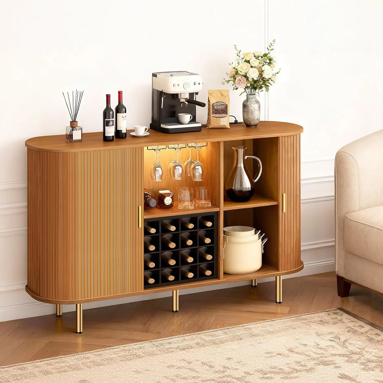 55" Wine Bar Cabinet with Storage, Fluted Liquor & Coffee Bar Cabinet with Wine Rack and Glass Holder, Customized