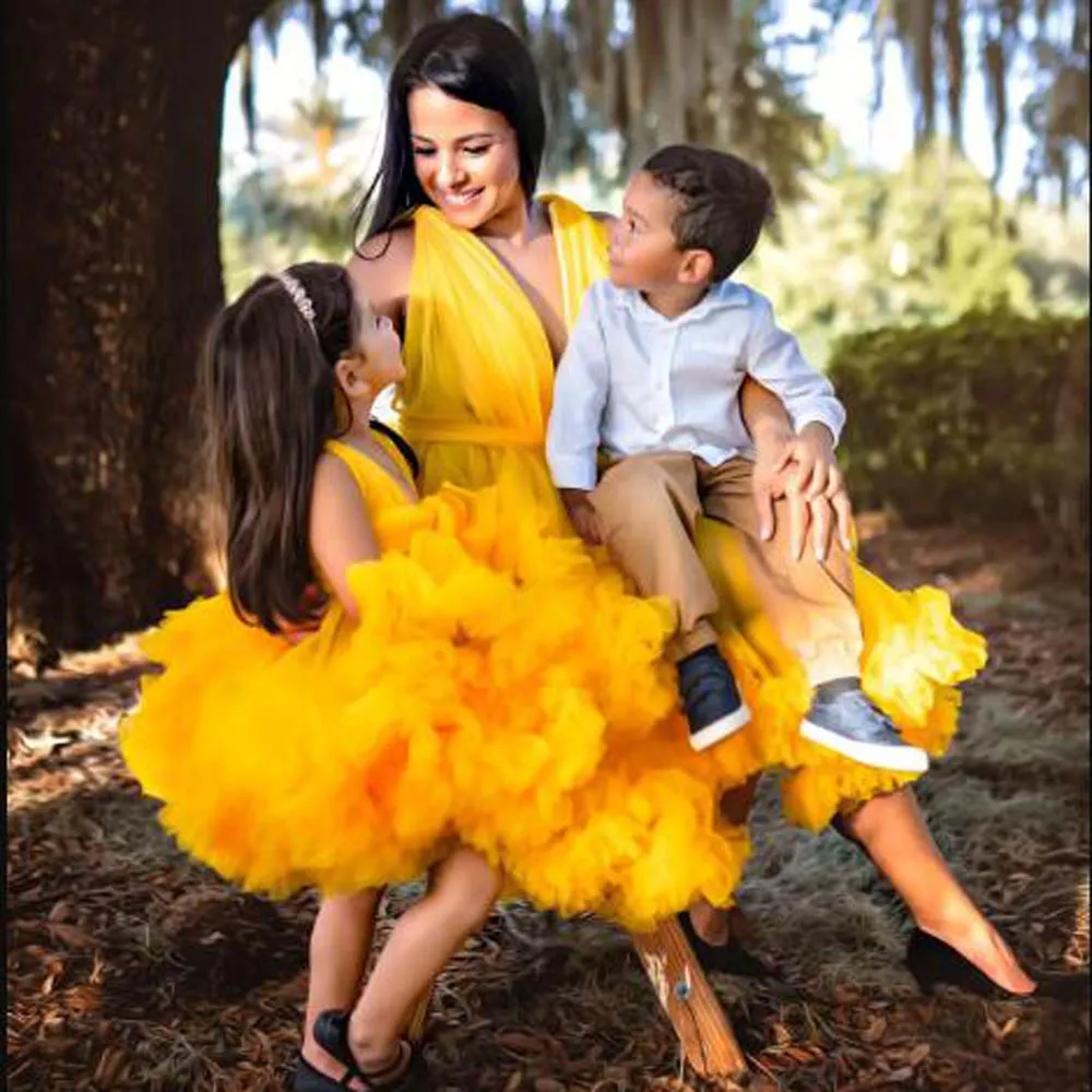 Mother Daughter Matching Tutu Dress Deep V-Neck Mommy and Me Girls Outfits Dresses Ruffles Cute Birthday Family Look