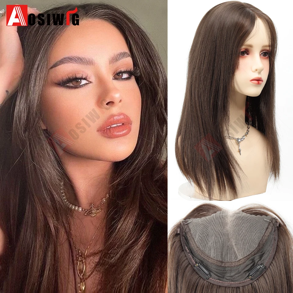 

Synthetic forehead invisible lace mid cut Long Straight Cool Brown Topper Hair Piece Easy to Wear Cover White Hair For Women