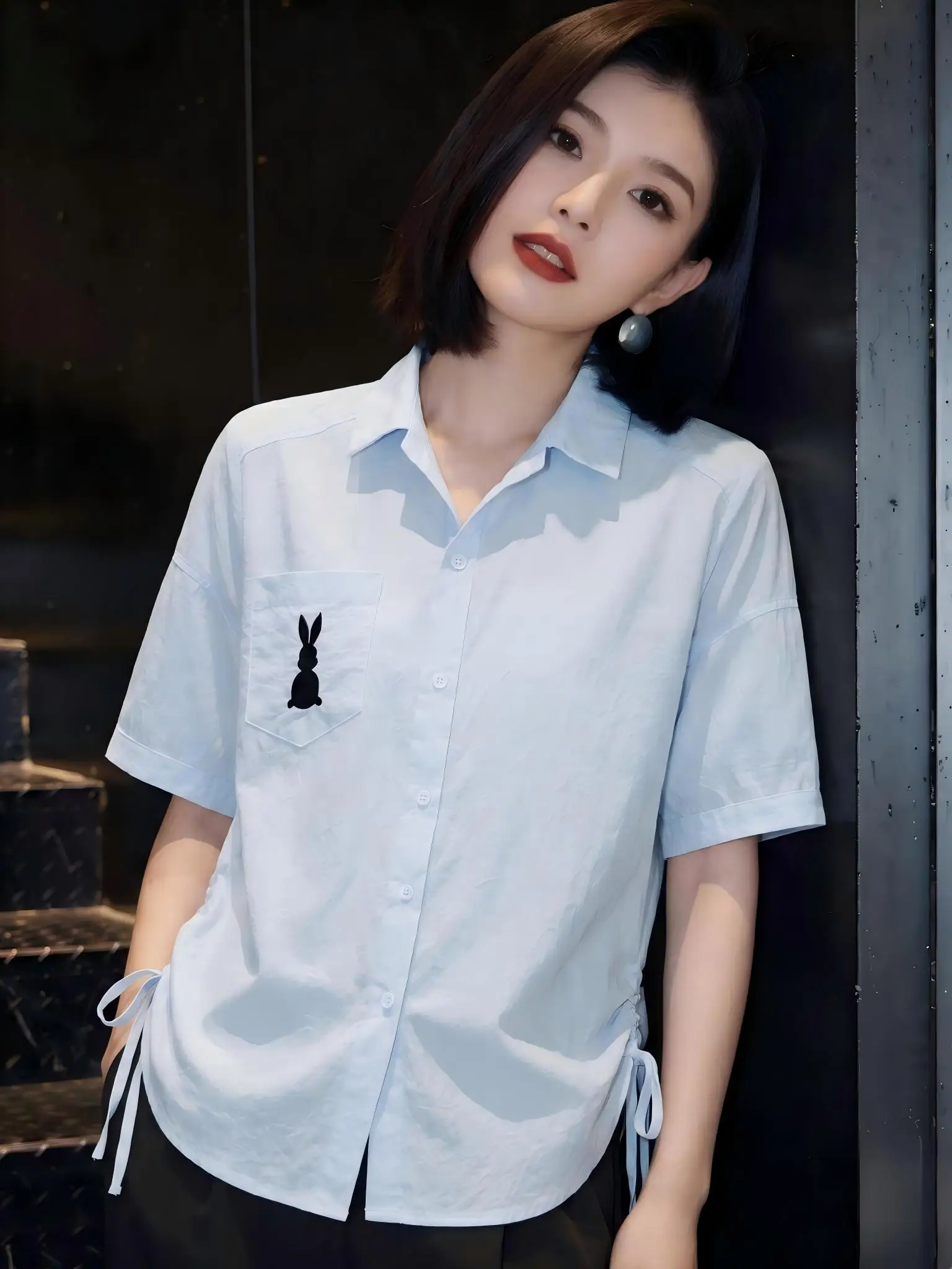 

Ladies' Casual Embroidered Loose Shirt Drawstring Top Short Style Summer New Fashionable Women's Windbreaker Short Sleeve