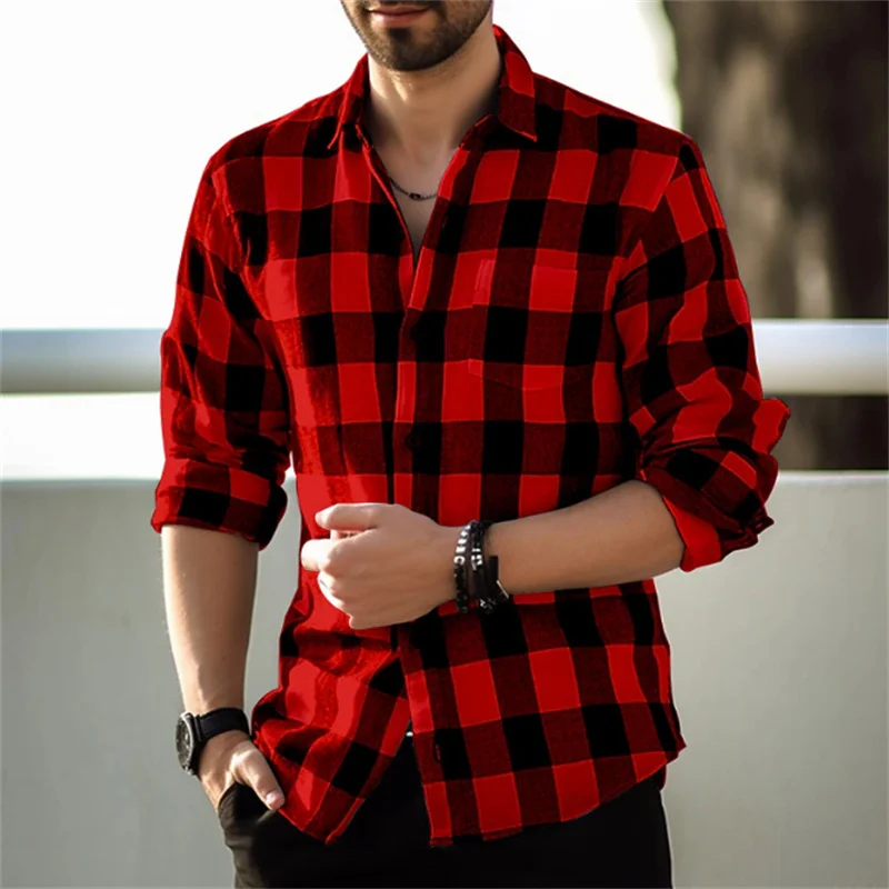 Camisa de manga comprida xadrez listras masculina, gola geométrica em pé, roupa de rua ao ar livre, moda casual