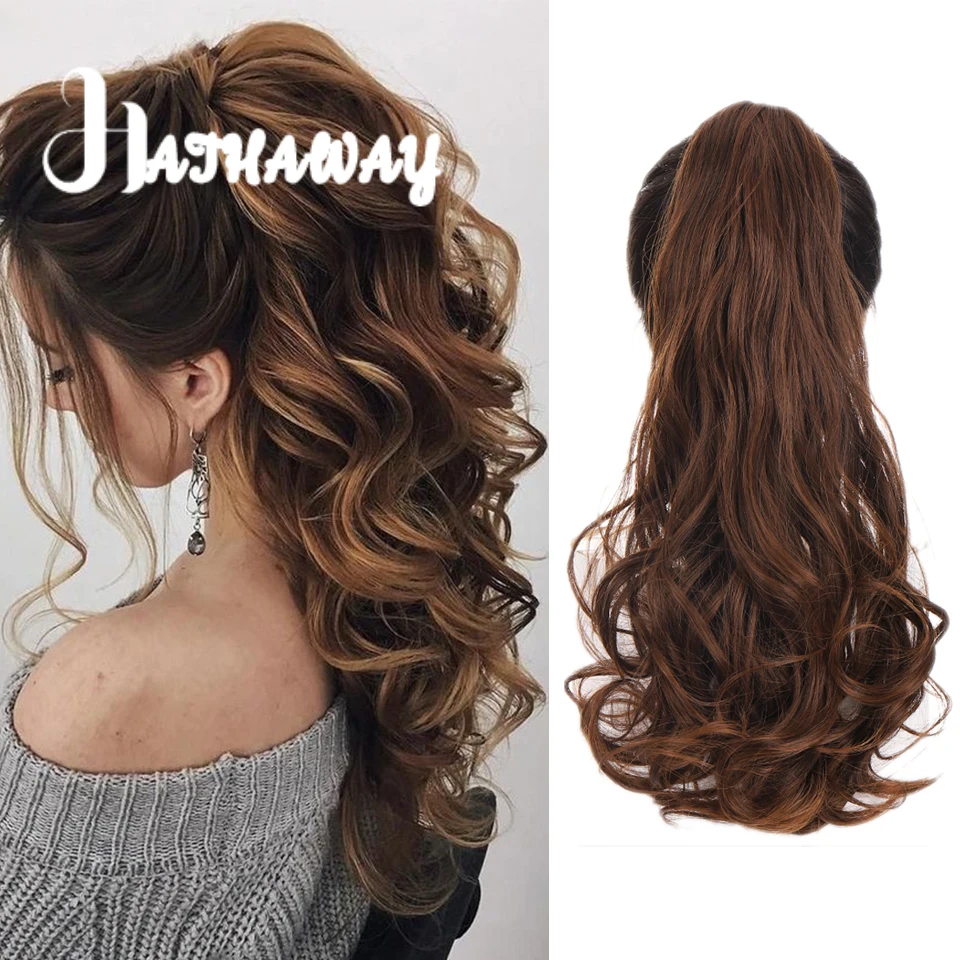 

22 Inch Wavy Ponytail Synthetic Black Brown Ponytail Female High Ponytail Fluffy Long Curly Hair Ripple High Ponytail Women