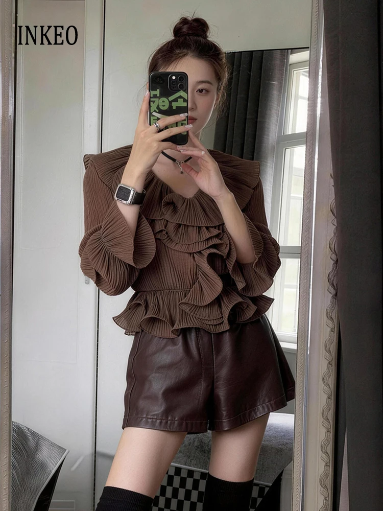 

Модные женские укороченные топы с рюшами, весна-лето 2026, модная блузка с V-образным вырезом и рукавами-фонариками, плиссированная однотонная блузка INKEO 6T008