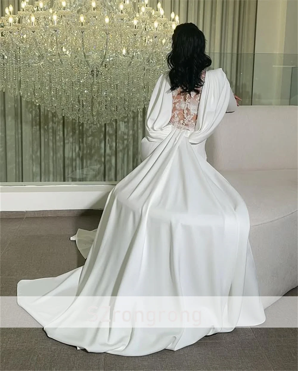 Vestido de noche Formal de manga larga de satén con cuello cuadrado modesto, vestido largo saudí con espalda de ilusión y corte hecho a medida