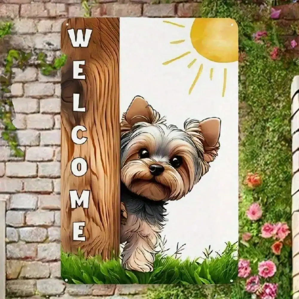 1pc Yorkshire Terrier Puppy Welcome Sign Metal Plaque, Rustic Dog House Decor with Wood Fence Design for Front Door