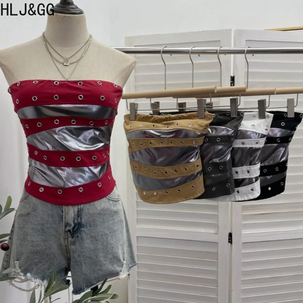 

HLJ&GG Punk Y2k Sexy Hollow-out Patchwork T-shirt for Women Sleeveless Backless Tube Top Female Streetwear Clothing 2025 New
