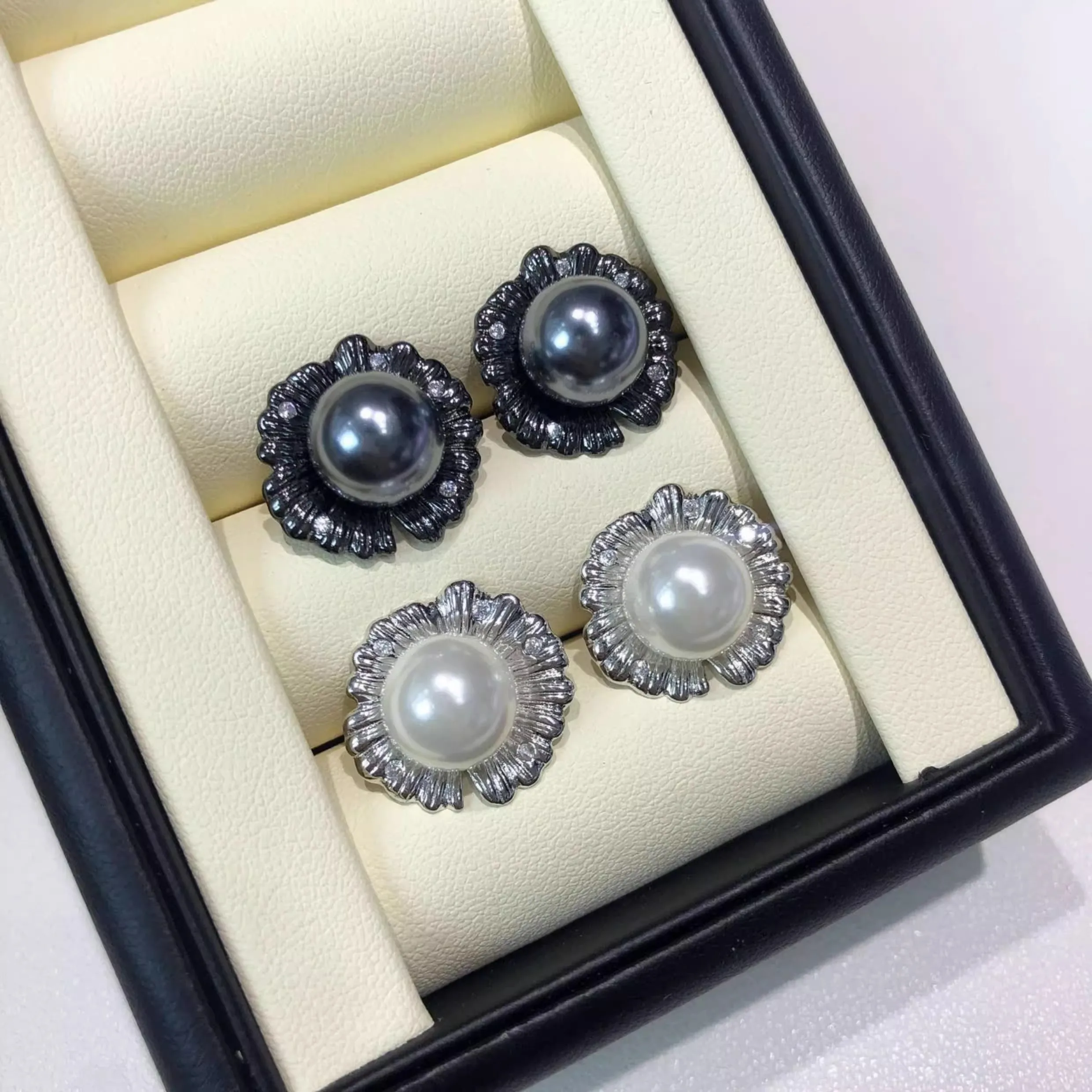 

MeiBaPJ DIY 925 Silver Holder 9-10mm Semiround Natural Pearls Fashion Flower Stud Earrings Fine Wedding Jewelry for Women