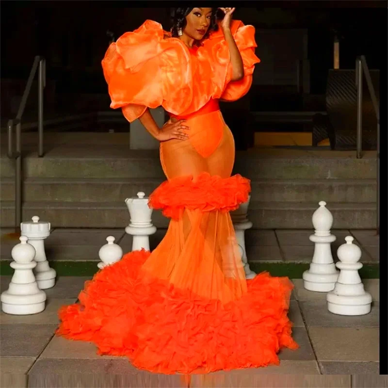 

Orange Ruffles See Through Skirts Girls Birthday Party Formal Wear Floor Length Elastic Waist Lady Fashion Mermaid Skirt