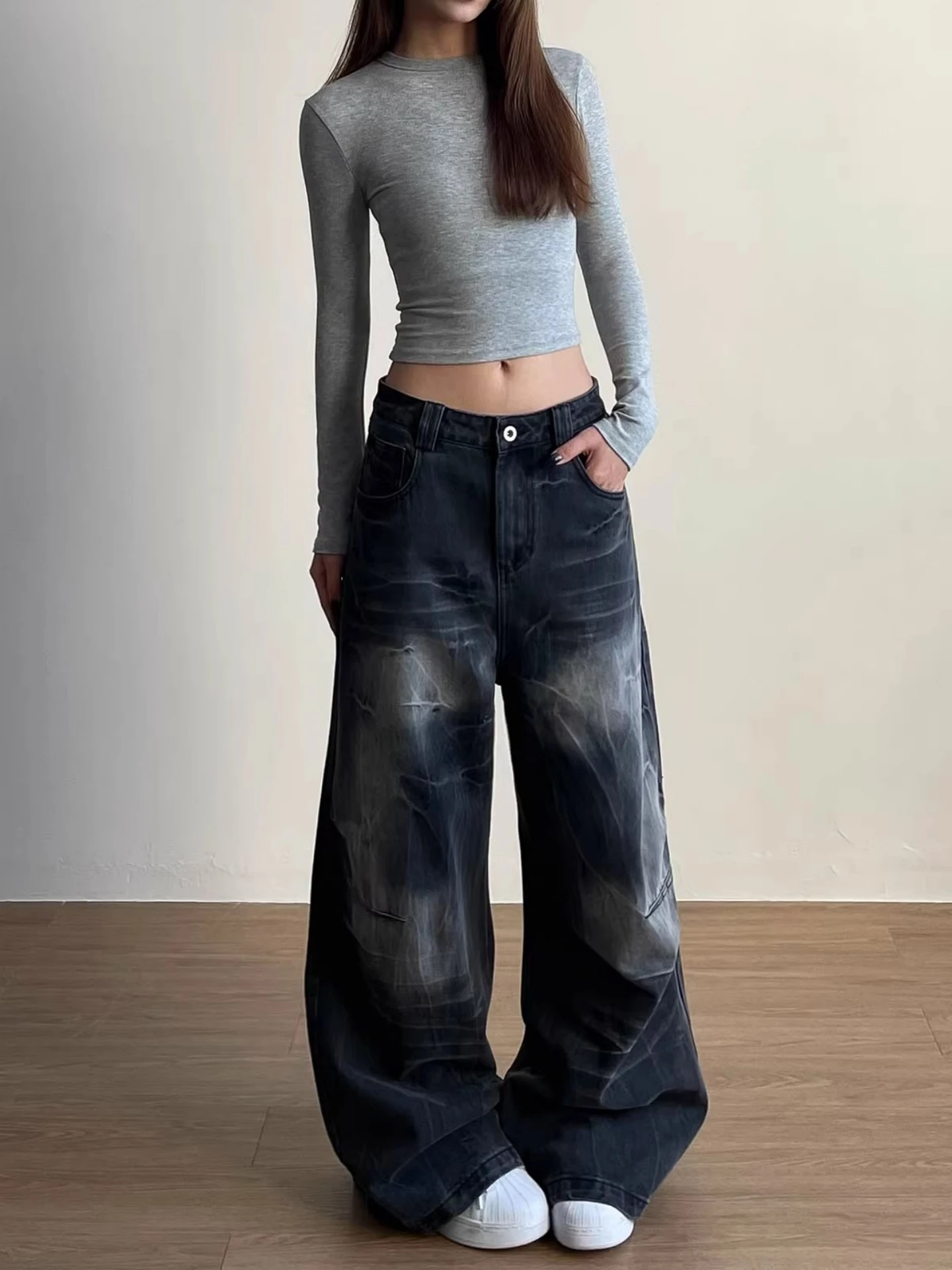 Jeans en denim déchiré à taille haute American Sle pour femmes, pantalon ample à jambes larges, style vintage, pli, élégant