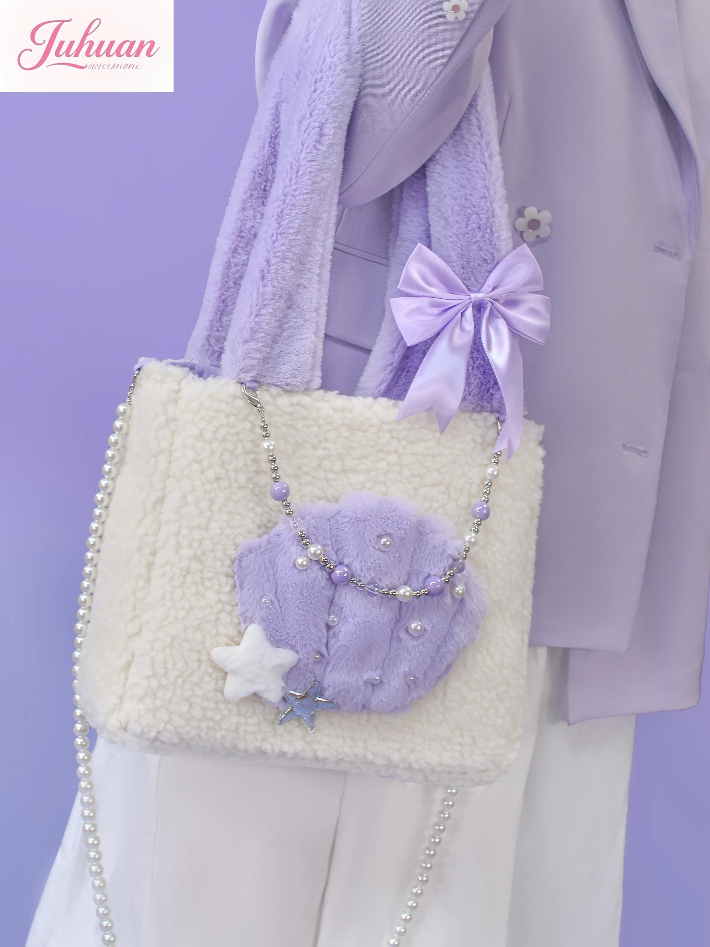 2025 New Autumn Winter Handbag Lolita Shell Bow Bow Beaded Plush Bags Cute Versatile Oblique Span Small Square Bag Niche Design