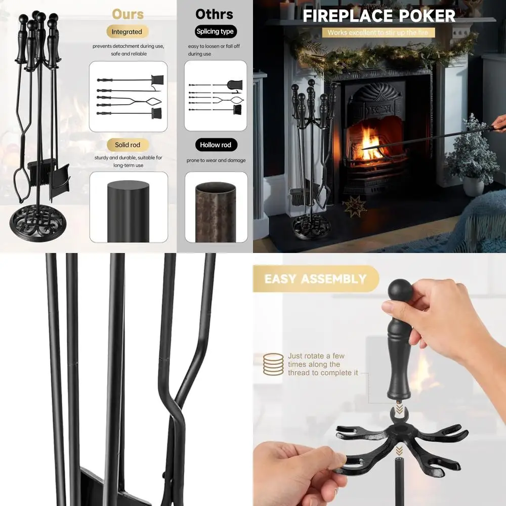 

5-компонентный набор инструментов для камина из черного железа с подставкой, идеально подходящий для использования в помещении или на открытом воздухе, включает в себя покер, лопатку, щипцы для современного Ch