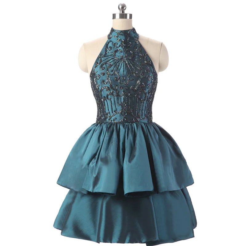 

Customized Classic Charmeuse Applique Beading Tiered Pleat A-line High Collar Mini Dresses Party Dresses Formal Retro Fashion