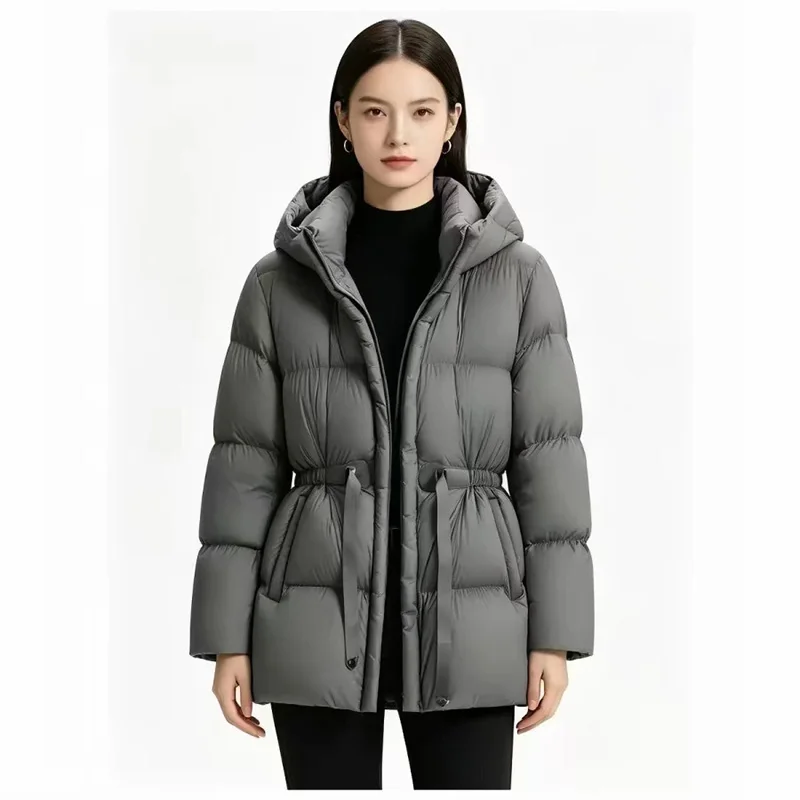 Schinteon Women White Down Jacket with Hood Solid Color Thick Warm Autumn Winter Outwear Parka Drawstring Coat 2026 New Fashion