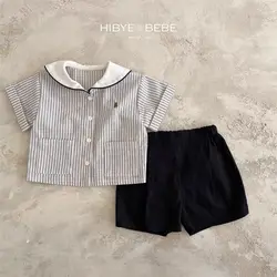 Summer Boys Loose stripe Shirts Shorts 2Pcs Gentleman Lapel Navy Suit Children Outfit Fashion Casual Sets Handsome Clothing