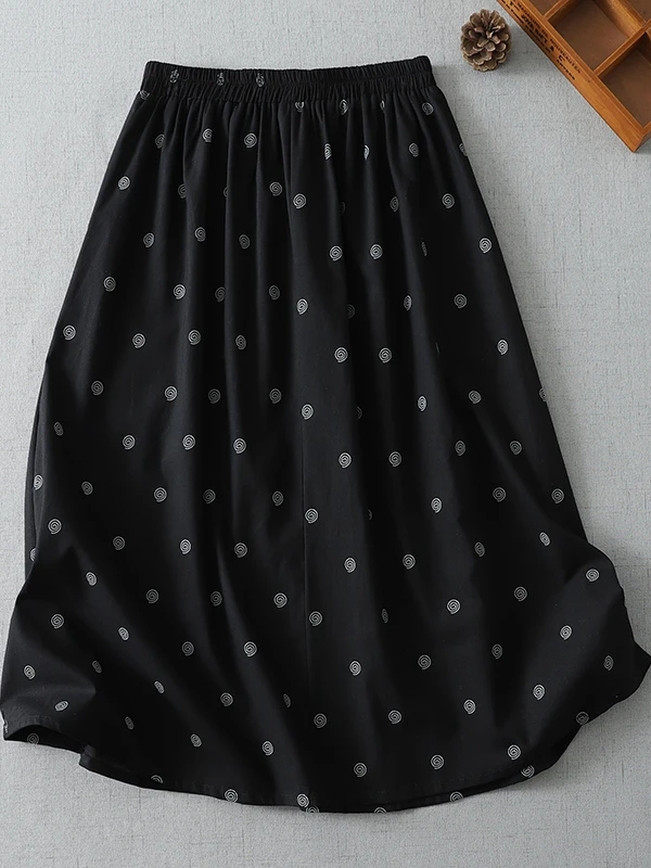Black Retro Polka Dot Print High Waist Half Skirt Women's Summer New Elastic A-Line Midi Skirt Slimming Effect Casual Wear