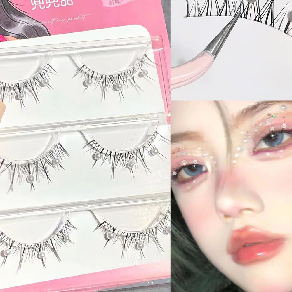 3Pairs Bottom Eyelashes With Zircon Manga Lower Lashes Clear Band Wispy Small Flame Under Eye Lashes Korean Makeup Cosplay Tools