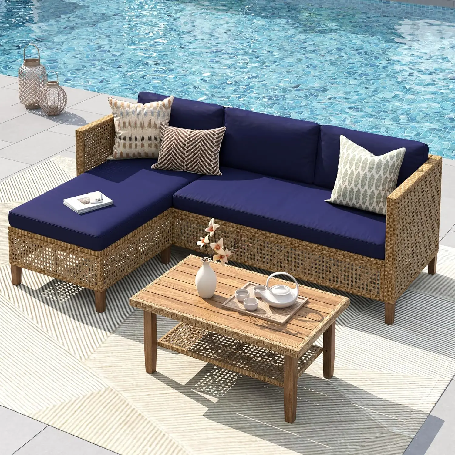 

Outdoor Sectional Couch, Wicker Patio Furniture Set with Cushions and Acacia Wood Coffee Table, L-Shape Small Outdoor Sofa