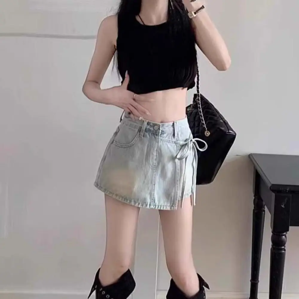

Chic Lace-up A-line Skirt Shorts Wide Leg Y2K Fake Two-piece Skirt Spicy Girl Style High Waist Baggy Blue Jeans Skirt Lady