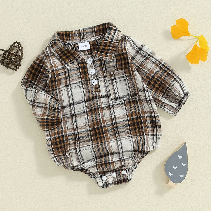 Baby Clothing Boy Christmas Plaid Romper Pocket Lapel Neck Long Sleeve Front Single-breasted Jumpsuit For Newbron Xmas Clothes