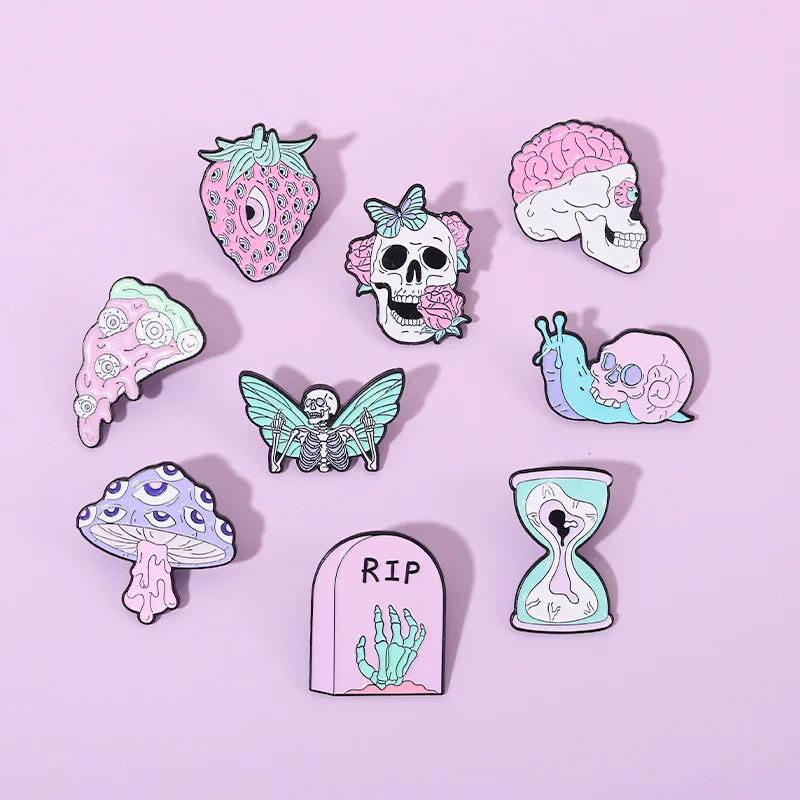 Intensive Phobia Enamel Pins Rip Skeleton Grave Hourglass Butterfly Pizza Strawberry Eyeball Brooches Lapel Metal Badgs For Kids