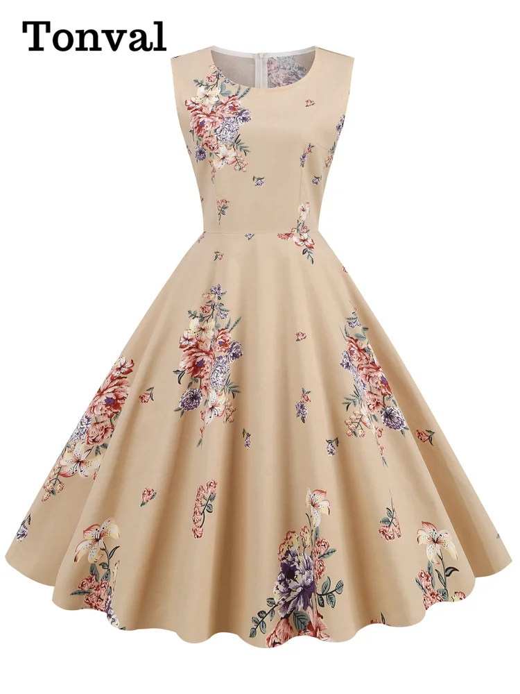 Tonval Elegant 50s Robe Retro Clothes Pinup Summer Floral Dress O-Neck Sleeveless Women Cotton Vintage Print Dresses