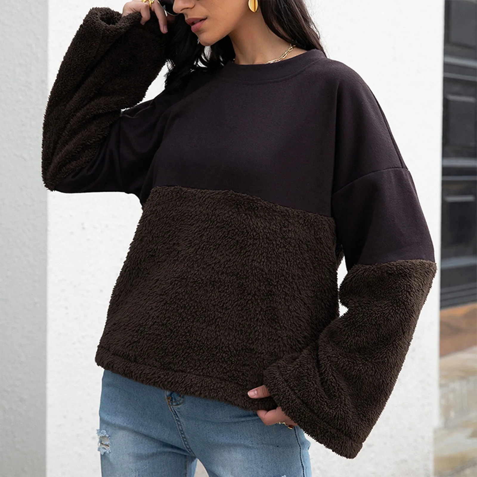 Oversize Patchwork Sweatshirt Solid Color Lamb Hair O-Neck Long Sleeve Women Sweatshirt Korean Fashion Loose Hoodies Streetwear