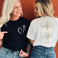 Women's Summer T-Shirt Heart Cross Shirt Fashion Print T-Shirt Women Brand Shirt Short Sleeve Top Faith Jesus Tee Shirt Clothing