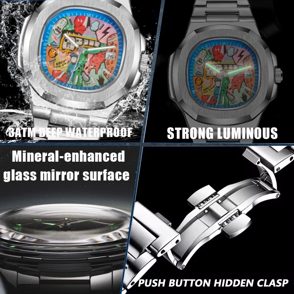 スクエアレトロメンズ腕時計ライト高級ブランド本物のグラフィティダイヤル合金ストラップ防水クォーツ時計メンズ発光腕時計