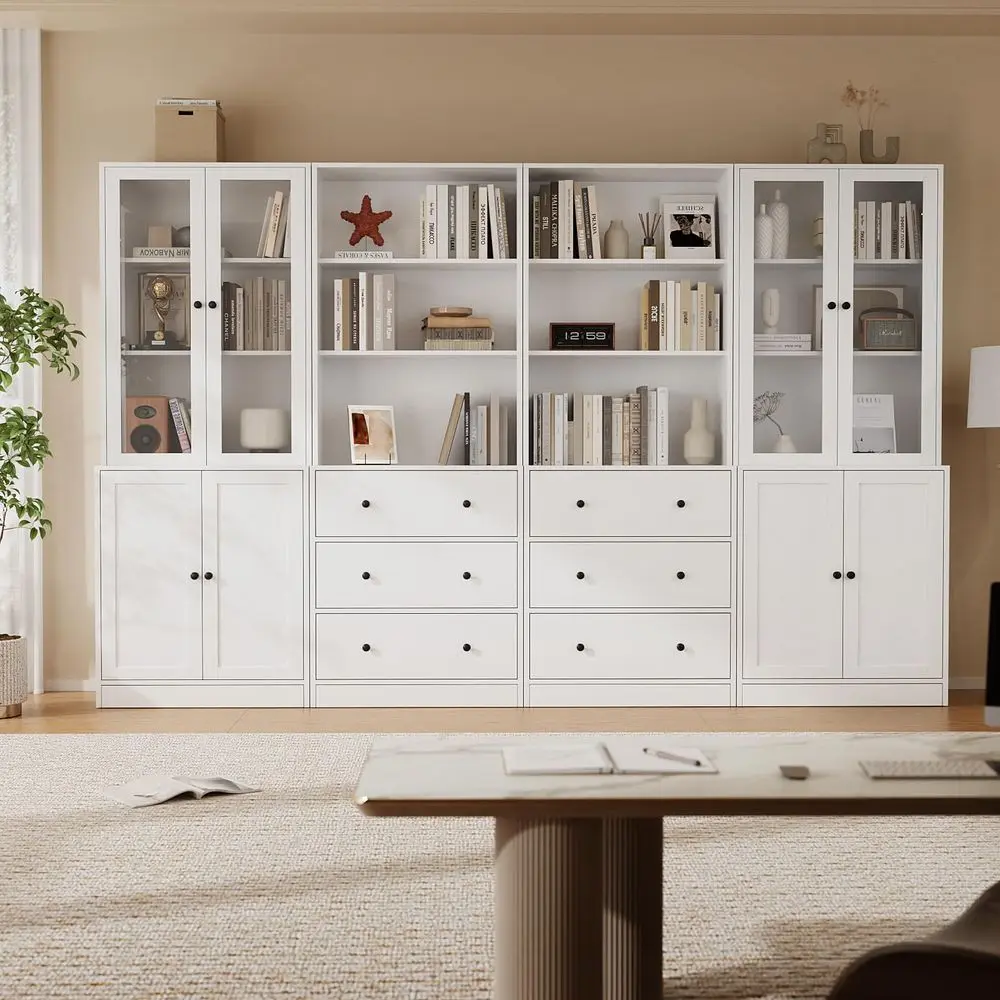 

71 H Bookshelf with Storage, 6Tier Modern Bookshelves with 3 Large Drawer, Display Bookcase with Glass Doors, Modern 5Tier Curi
