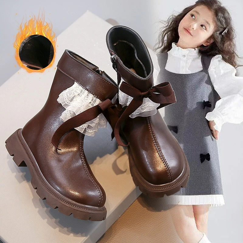 

Kids Short Boots Sweet Lace Children Leather Boots Princess Style Soft Bottom 2025 Autumn Winter New Girls Ankle Boots Round Toe