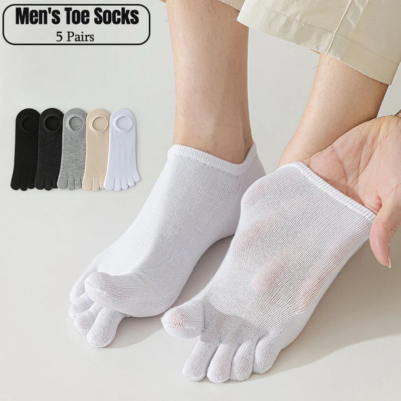 

5 Pairs Summer Men's Five Toe Socks No Show Cotton Blend Anti-Odor Breathable Low Cut Split Toe Boat Socks Casual Sports
