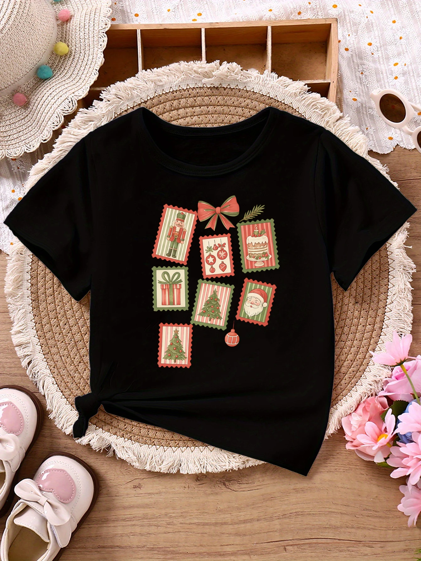 Merry & Bright Christmas Stamp Printed T Shirt Girls Christmas Gift T-Shirt Funny Kids Clothes