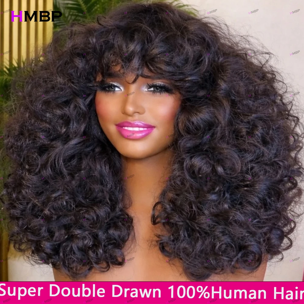 300 Density Bouncy Curly Echthaarperücken mit Pony, vollständig maschinell gefertigte Perücke für Damen, sofort tragbar, 100% Echthaarperücke, 16 Zoll Perücke
